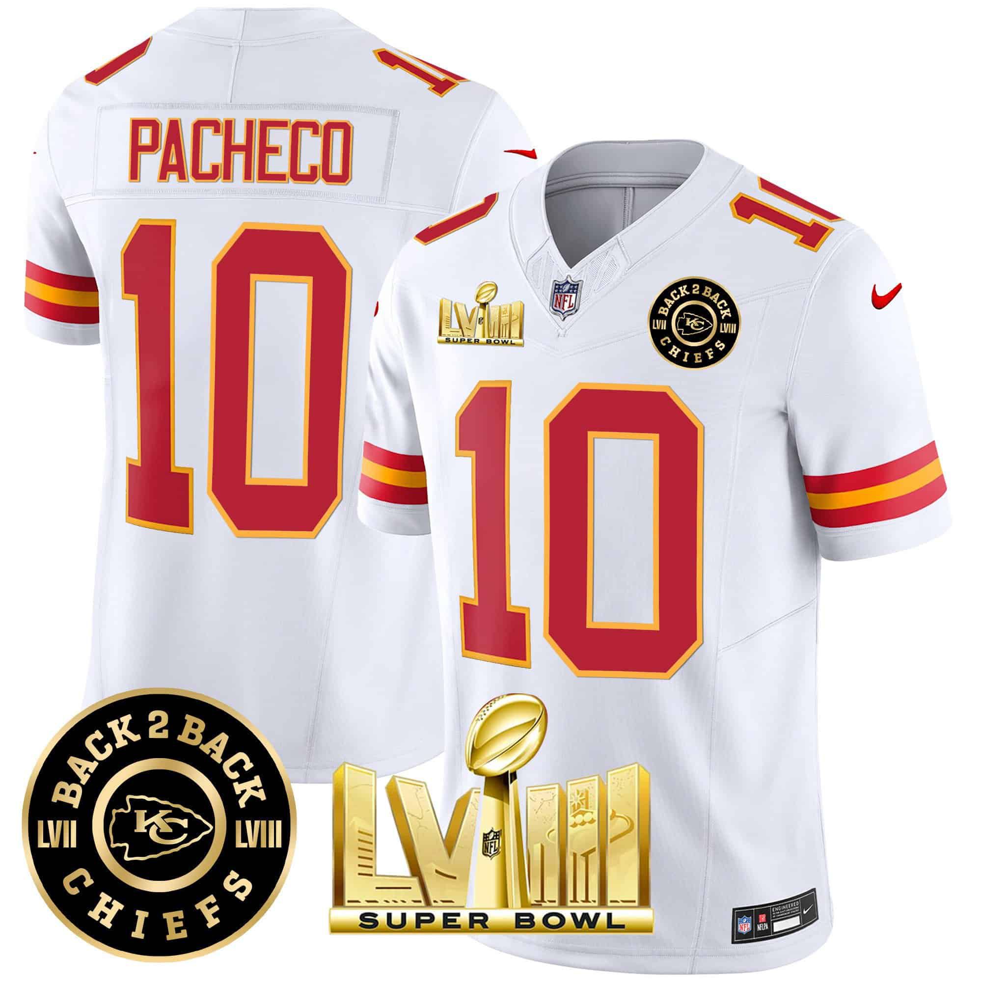 Men Kansas City Chiefs #10 Pacheco White 2024 Nike Super Bowl LVIII & Back-2-Back Patch Vapor NFL Jersey